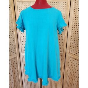 UMGEE Sm Women's Aqua Linen Blend Short Sleeve Shift Dress Ruffle Hem Pockets